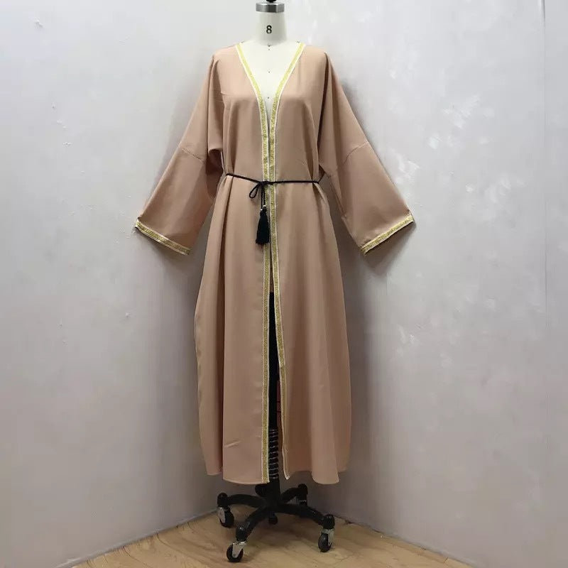 Muslim Long Skirt Female Color Ribbon Cardigan Robe