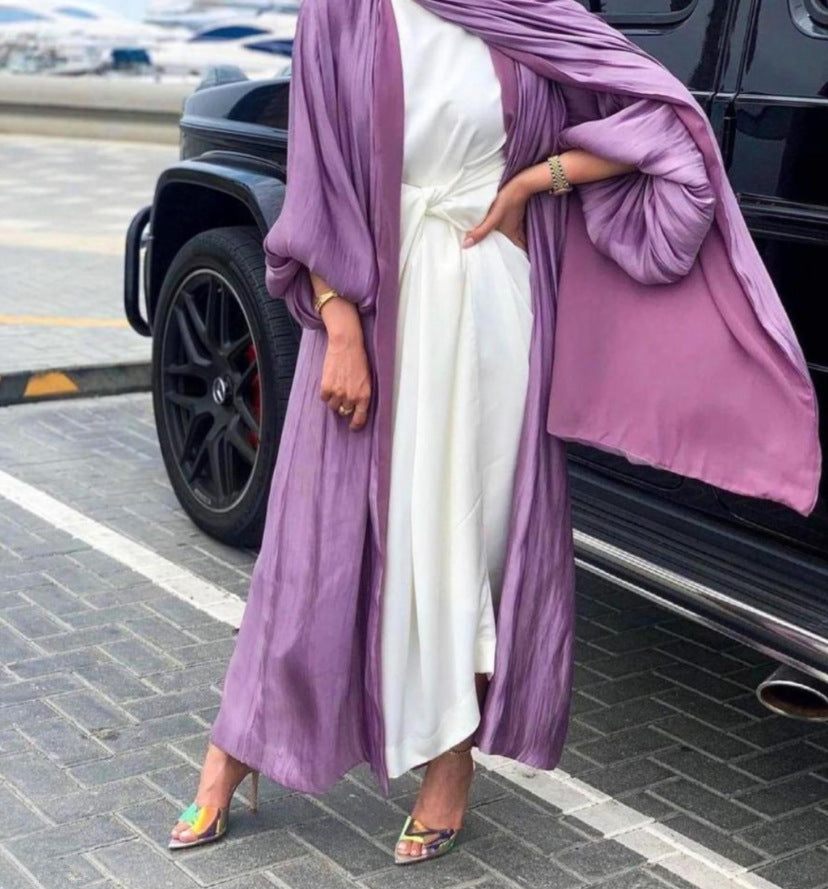 Eid Muslim Abaya Dress Kimono For Women Fashion Shining Silklike Summer Abayas Cardigan Puff Sleeve Dubai Turkey Clothes